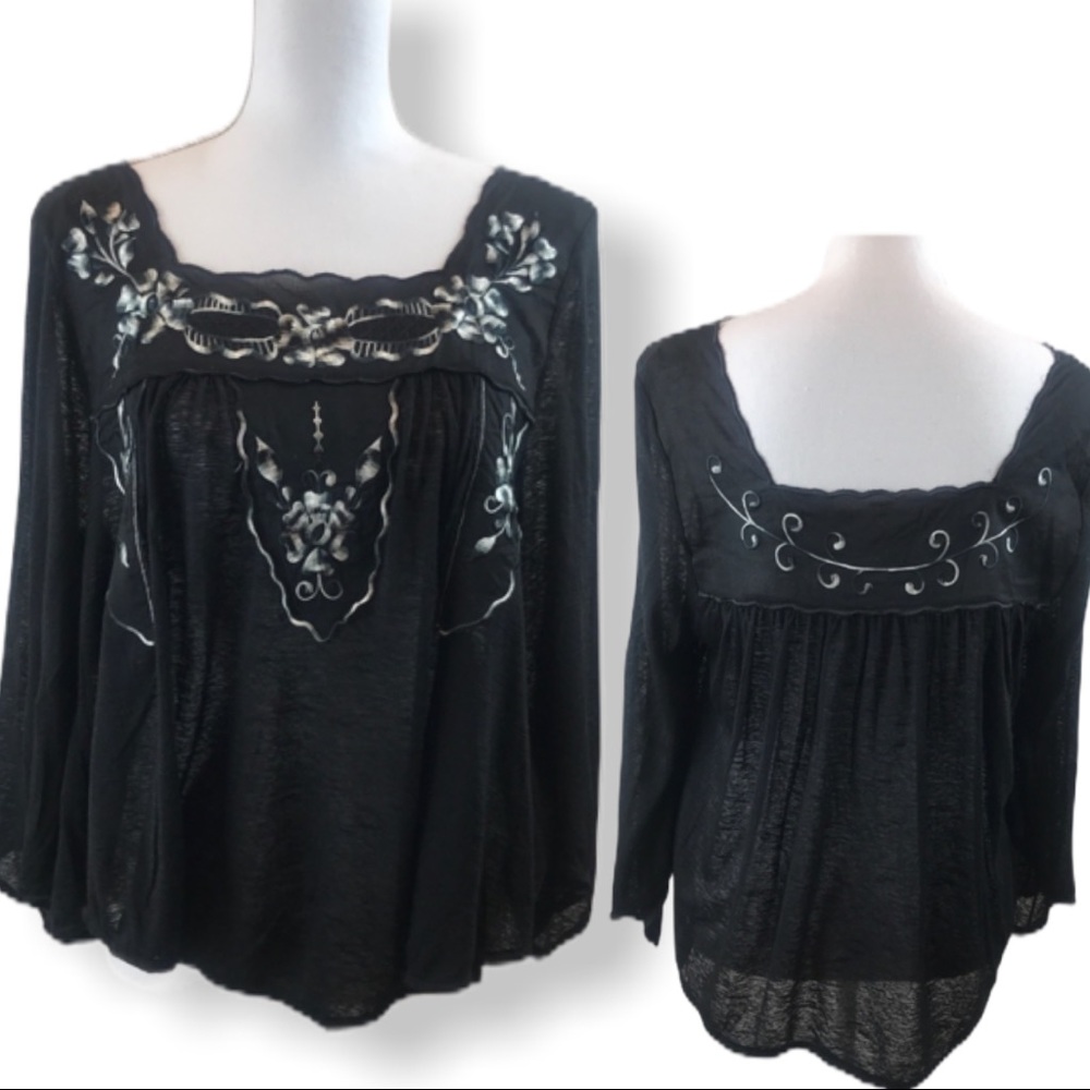 Free People Embroidered Baby Doll Blouse Top Sz S